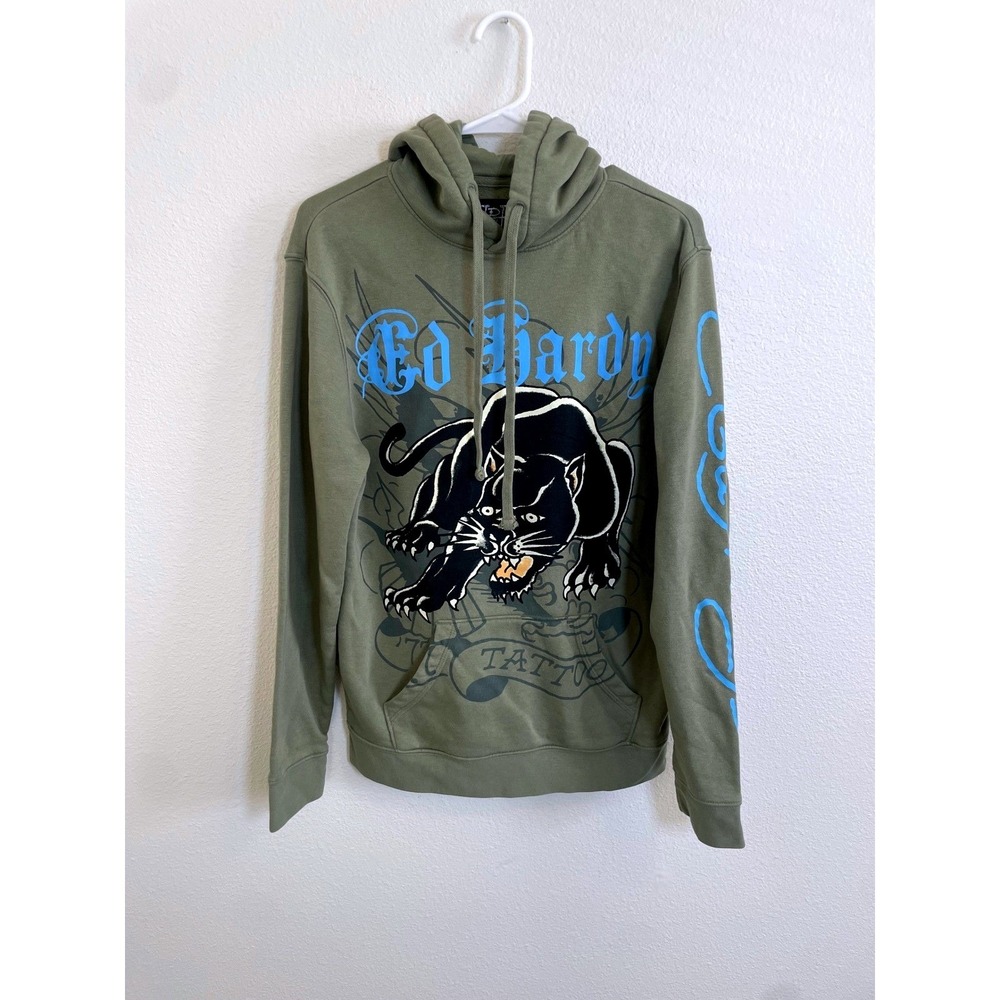 Y2K Ed Hardy Mens Small Green Panther Tattoo Graphic Hoodie‎ Sweatshirt